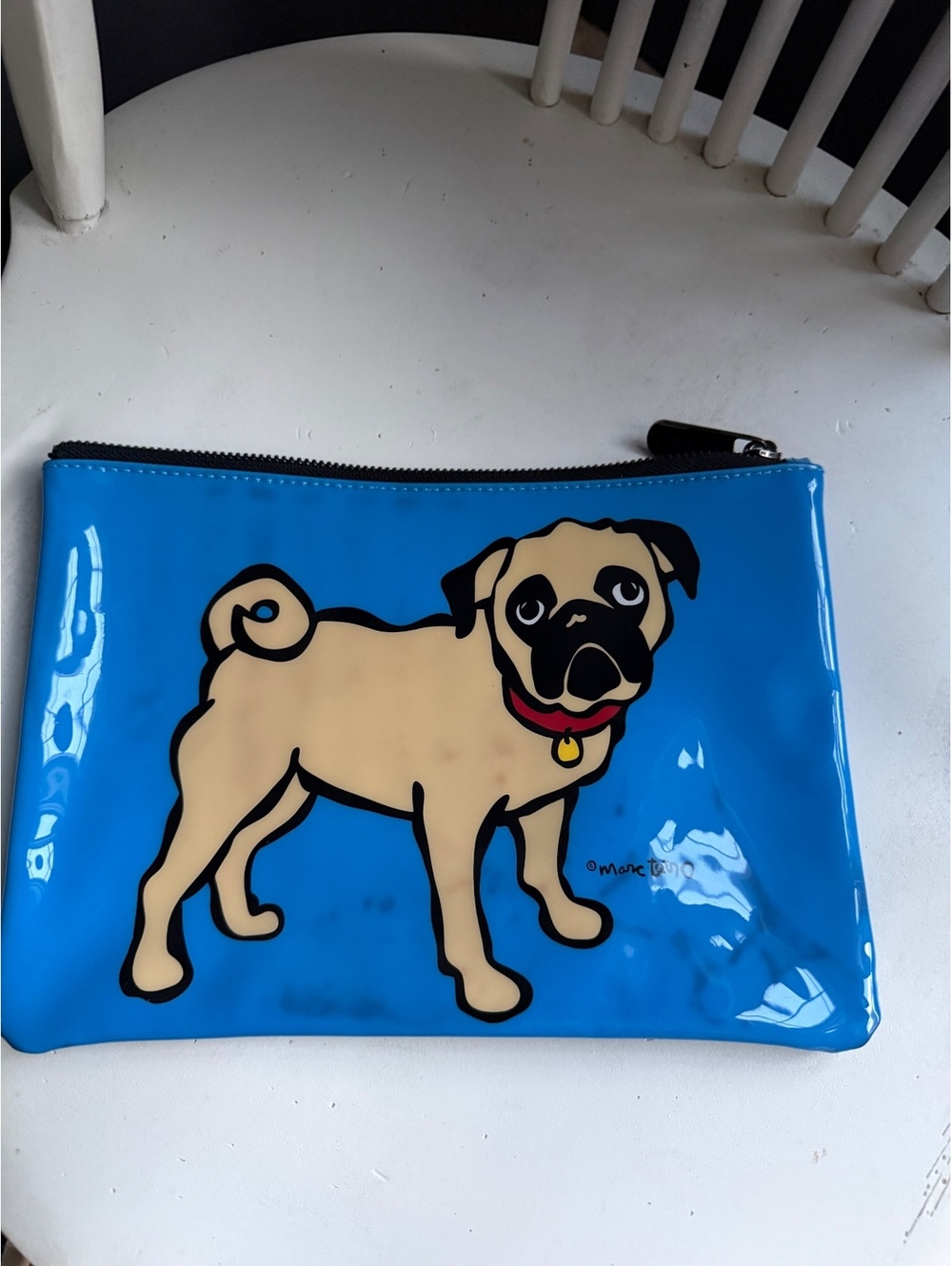 Marc Tetro Pug Dog Blue Vinyl Zip Pouch with Striped Lining